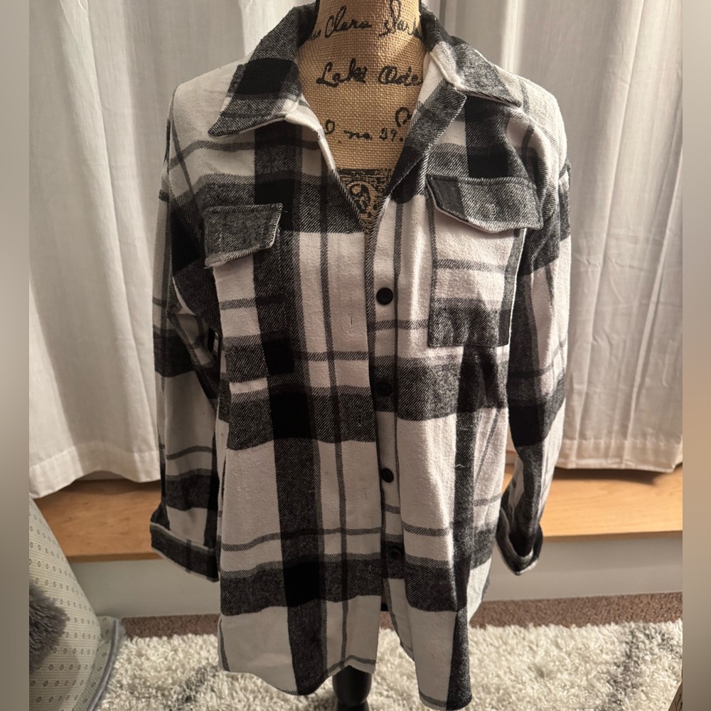 Black and White Plaid Button-Up Shacket